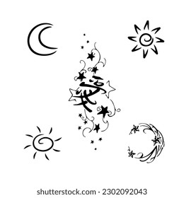a tattoo of the sun, moon and stars with ornamentation. Black and white vector drawing EPS 10