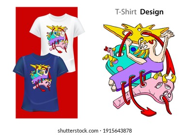 Tattoo Surrealism Artwork with Woman, Buffalo, Sun, Bird, Palette. Template for Card, Poster, Banner. Prints on Sweatshirts, T-shirts, Coloring Books, Cases for Mobile Phones, Souvenirs. 