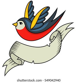 Tattoo with swallow and ribbon banner for an inscription. Old school retro style vector illustration on white background.