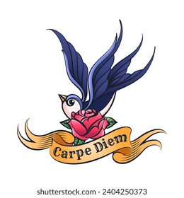 Tattoo of Swallow Rose flower and Ribbon with Wording Carpe Diem What Means Seize The Day isolated on white vector illustration