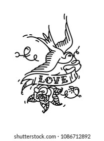 Tattoo Swallows with the inscription Love and a rose bud from below. Vector illustration. Tattoo of an American old school. Bird swift with ribbon and flower. Contour version of the tattoo.