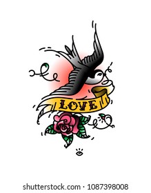 Tattoo Swallows with the inscription Love and a rose bud from below. Vector illustration. Tattoo of an American old school. Bird swift with ribbon and flower. A popular color tattoo.