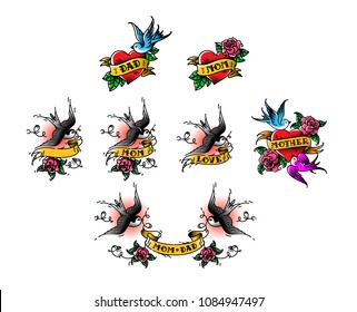 Tattoo swallows with the inscription of mom dad on tape. Vector illustration. Tattoo, American old school. Two birds Swallows, roses and congratulations for parents. The inscription on the ribbon.