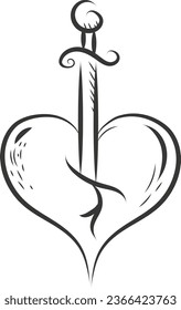 Tattoo of a sword and heart, illustration, vector on a white background.