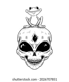 tattoo and t shirt design alien frog line art engraving style