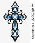 Tattoo And T Shirt Design Black And Blue Hand Drawing Holy Cross Vector Artwork
