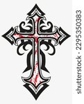 Tattoo And T Shirt Design Black And Splash Dirty Red Hand Drawing Holy Cross Vector Artwork