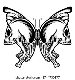 tattoo and t shirt design black and white hand drawn butterfly skull premium vector