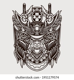 tattoo and t shirt design black and white hand drawn samurai monkey engraving ornament