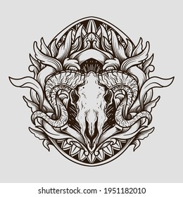 tattoo and t shirt design black and white hand drawn skull goat engraving ornament