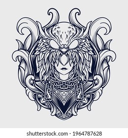 tattoo and t shirt design black and white owl women engraving ornament