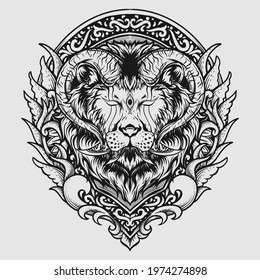 tattoo and t shirt design black and white hand drawn lion with horn engraving ornament