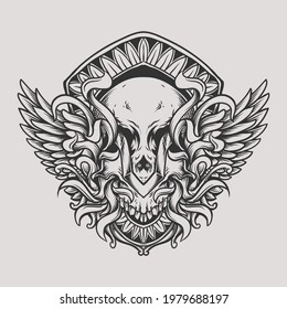 tattoo and t shirt design black and white hand drawn skull wing engraving ornament