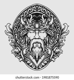 tattoo and t shirt design black and white hand drawn gods zeus head engraving ornament