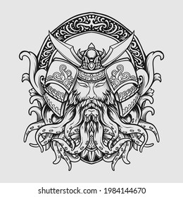 tattoo and t shirt design black and white hand drawn samurai octopus engraving ornament