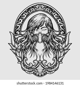 tattoo and t shirt design black and white hand drawn women with gas mask engraving ornament