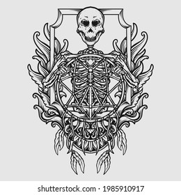 tattoo and t shirt design black and white hand drawn dream catcher skeleton engraving ornament