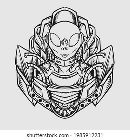 tattoo and t shirt design black and white hand drawn alien engraving ornament