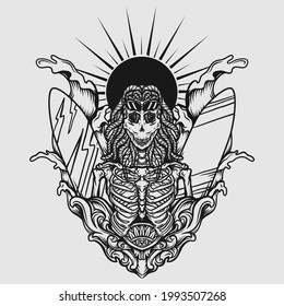 tattoo and t shirt design black and white hand drawn skeleton with surf board