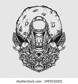 tattoo and t shirt design black and white hand drawn astronaut and moon engraving ornament