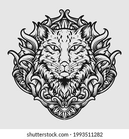 tattoo and t shirt design black and white hand drawn cat engraving ornament