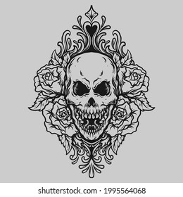 tattoo and t shirt design black and white hand drawn skull with rose engraving ornament