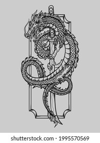 tattoo and t shirt design black and white hand drawn dragon with katana sword