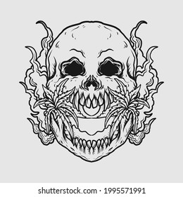 tattoo and t shirt design black and white hand drawn dragon with skull with beach