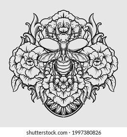 tattoo and t shirt design black and white hand drawn beetle and rose engraving ornament