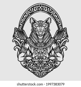 tattoo and t shirt design black and white hand drawn goddess sekhmet engraving ornament