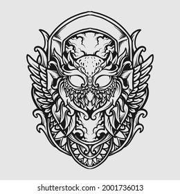 tattoo and t shirt design black and white hand drawn owl engraving ornament