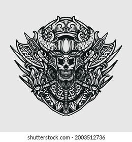 tattoo and t shirt design black and white hand drawn viking skull engraving ornament