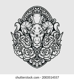 tattoo and t shirt design black and white hand drawn goat and rose engraving ornament