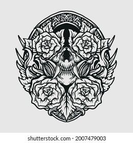 tattoo and t shirt design black and white hand drawn skull mask and rose engraving ornament