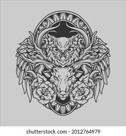 tattoo and t shirt design black and white hand drawn deer and owl and rose engraving ornament