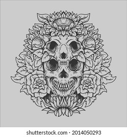 tattoo and t shirt design black and white hand drawn skull and flower engraving ornament