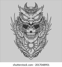 tattoo and t shirt design black and white hand drawn owl and skull  engraving ornament
