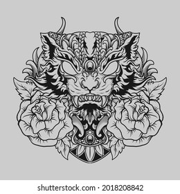tattoo and t shirt design black and white hand drawn cat and rose engraving ornament