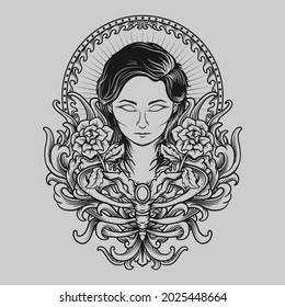 tattoo and t shirt design black and white hand drawn women and rose engraving ornament