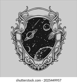 tattoo and t shirt design black and white hand drawn space universe  engraving ornament