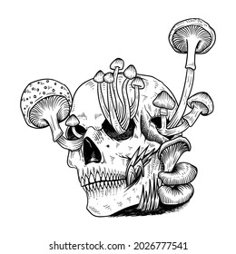 tattoo and t shirt design black and white skull and mushrooms isolated decoartion, poster design, engraving style	