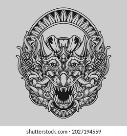 tattoo and t shirt design black and white hand drawn oni mask engraving ornament