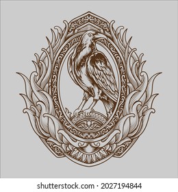 tattoo and t shirt design black and white hand drawn crow engraving ornament