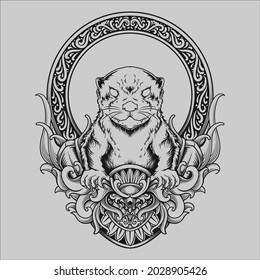 tattoo and t shirt design black and white hand drawn illustration otter cat engraving ornament