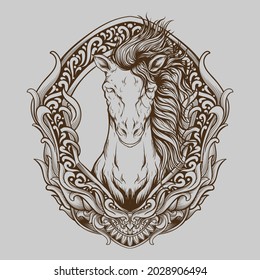 tattoo and t shirt design black and white hand drawn illustration horse engraving ornament
