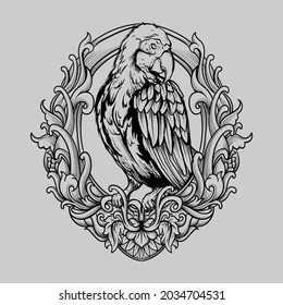 tattoo and t shirt design black and white hand drawn illustration macaw bird engraving ornament