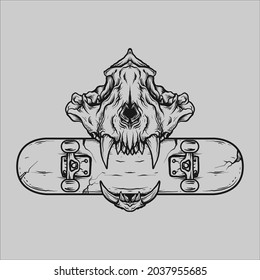 tattoo and t shirt design black and white hand drawn tiger skull with skateboard