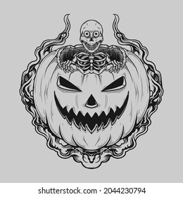 tattoo and t shirt design black and white hand drawn skeleton in halloween pumpkin engraving ornament