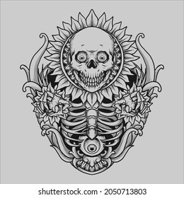 tattoo and t shirt design black and white hand drawn skull sun flower engraving ornament