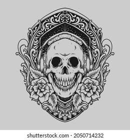 tattoo and t shirt design black and white hand drawn skull and rose engraving ornament